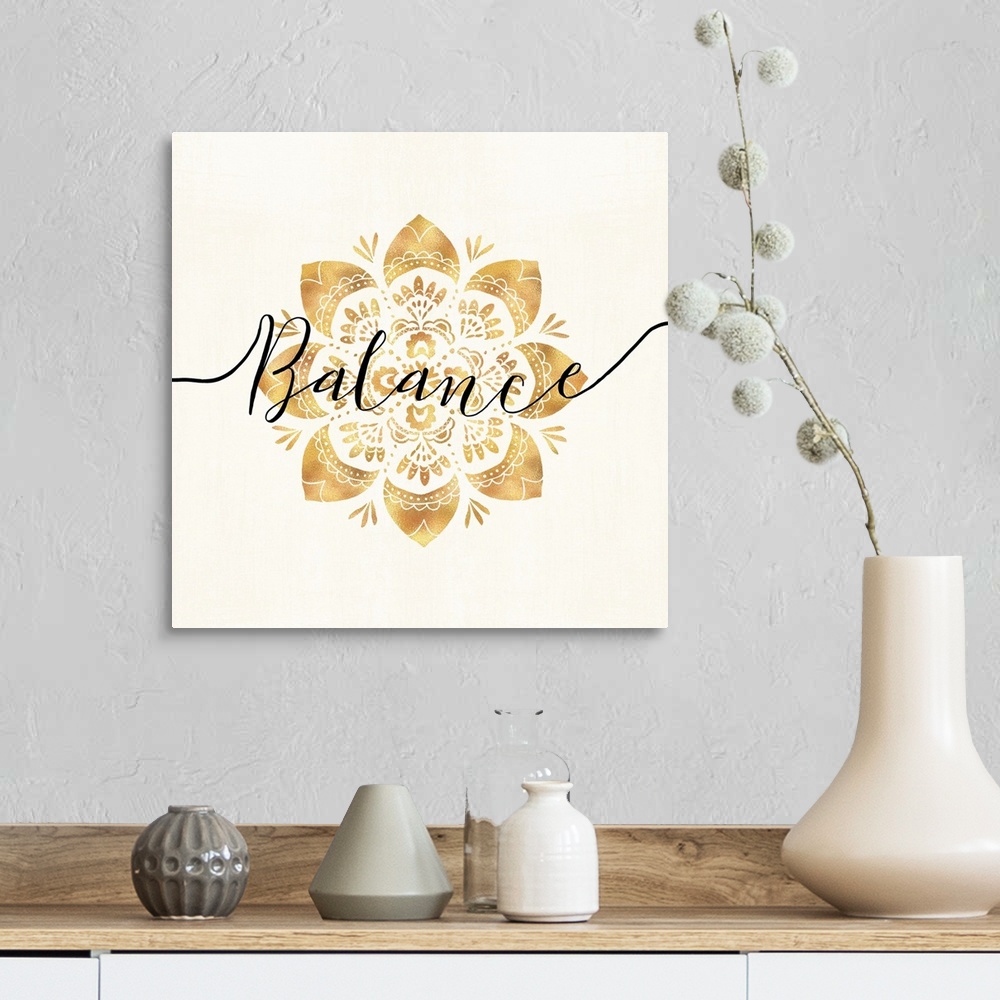 A farmhouse room featuring Shiny gold mandala on a neutral background with the word "Balance" written through the center.