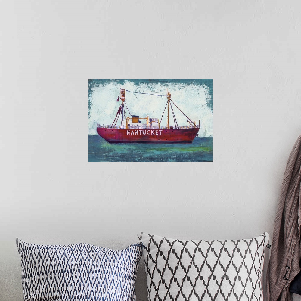 A bohemian room featuring Contemporary painting of a Nantucket boat on blue green water with a big white splash background.