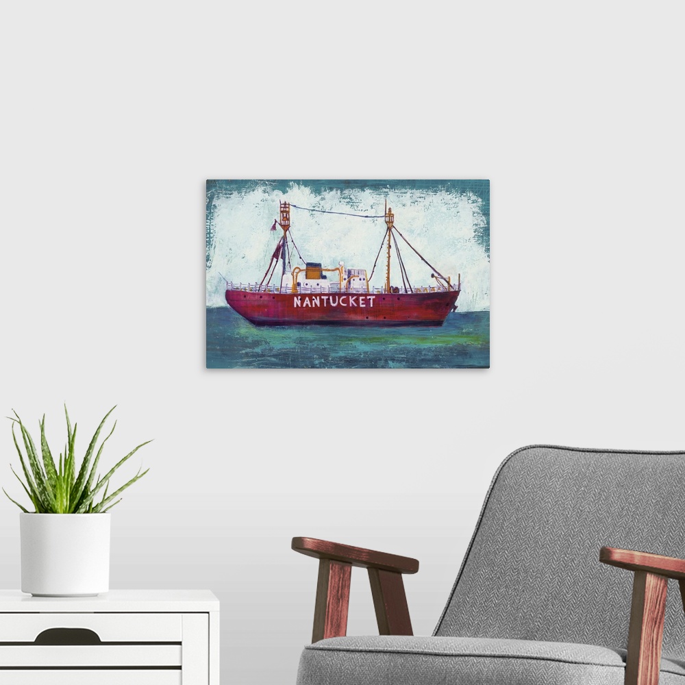 A modern room featuring Contemporary painting of a Nantucket boat on blue green water with a big white splash background.