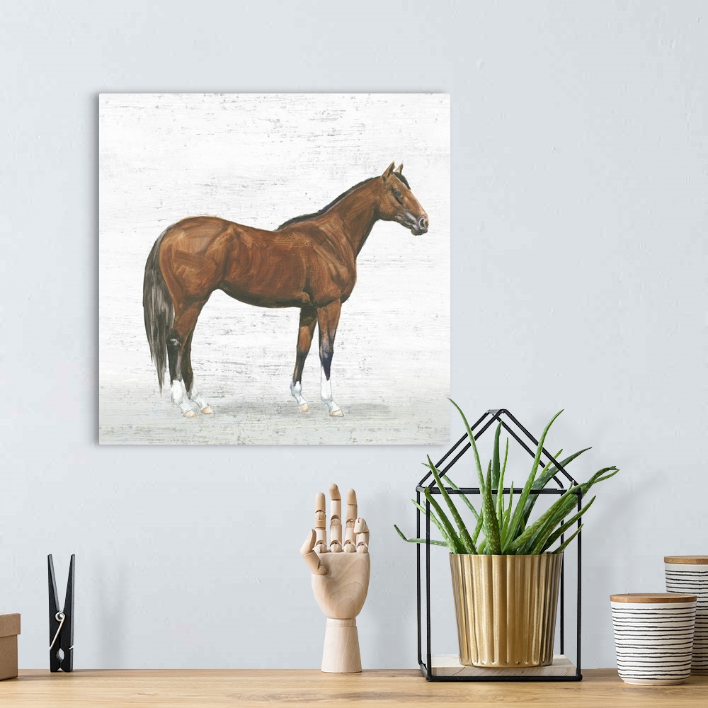 A bohemian room featuring Square painting of a dark brown horse on a textured white and gray background.