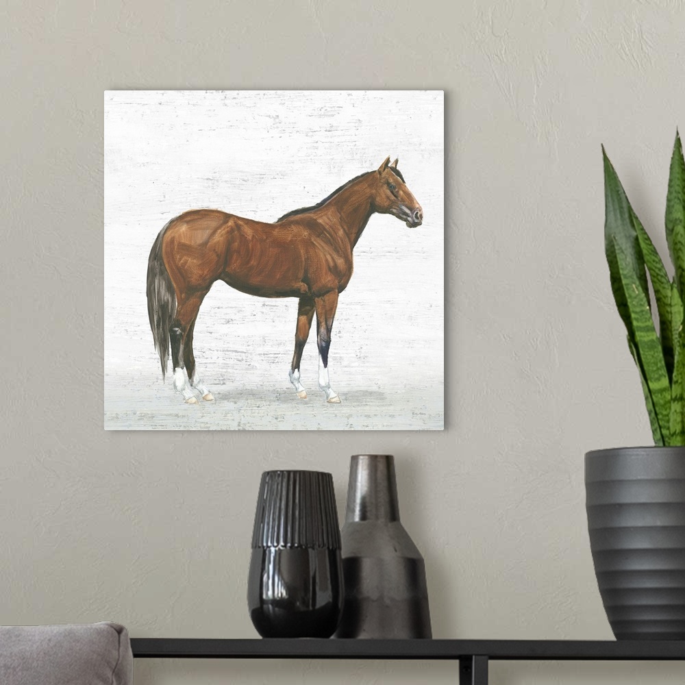 A modern room featuring Square painting of a dark brown horse on a textured white and gray background.