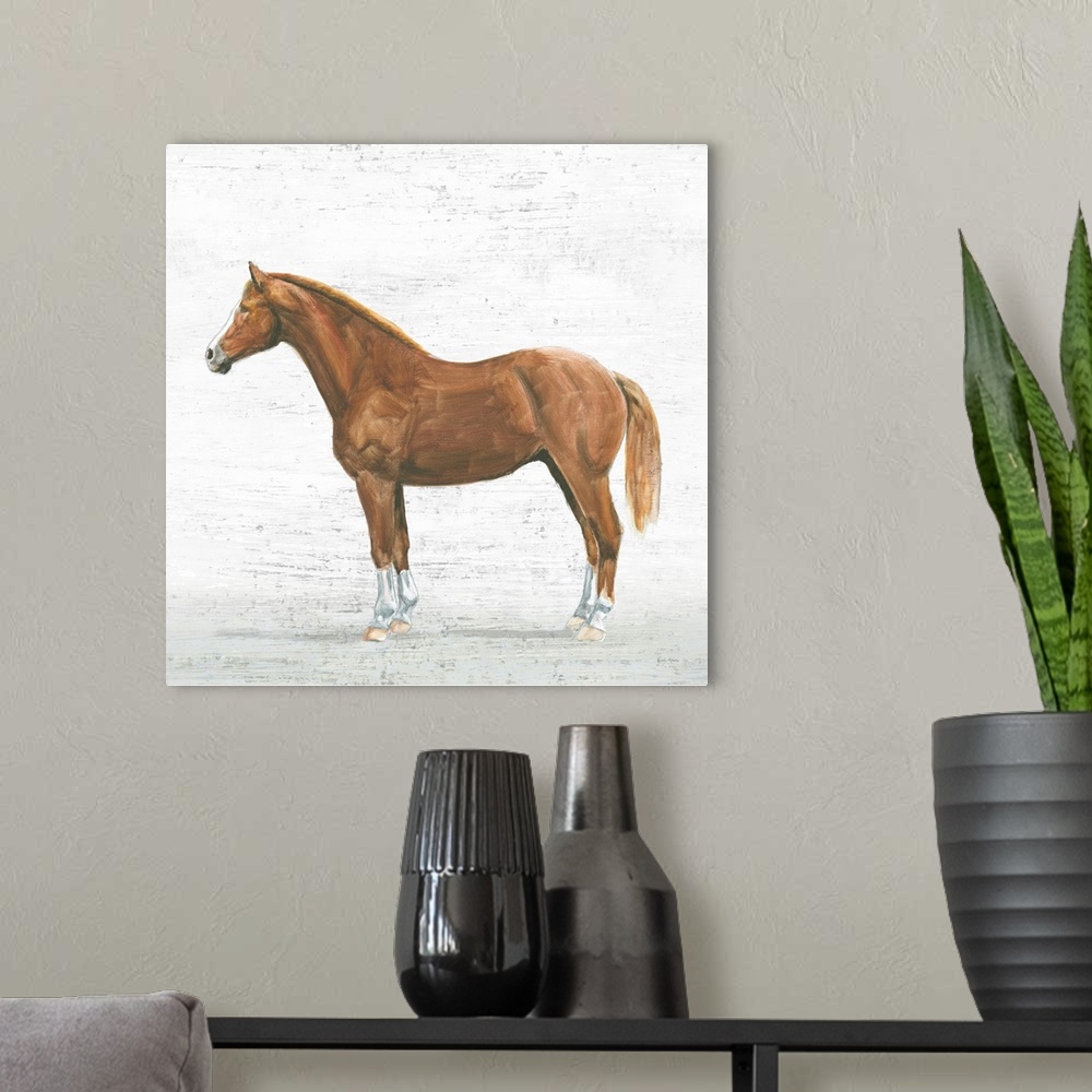 A modern room featuring Square painting of a light brown horse on a textured white and gray background.
