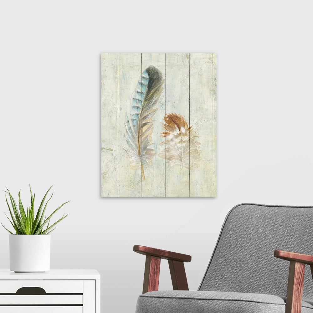 A modern room featuring Artwork of soft looking decorative feathers against a rustic wooden background.