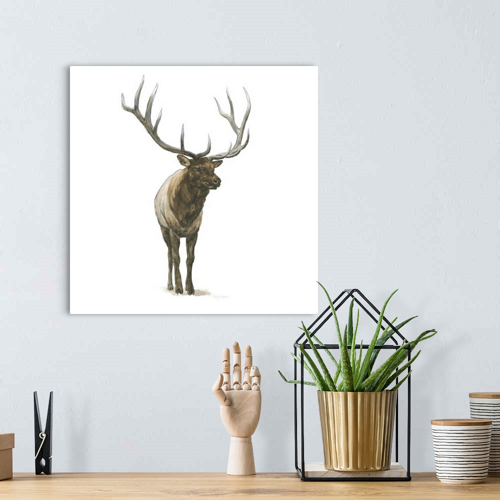 A bohemian room featuring Square painting of an elk with large antlers on a solid white background.