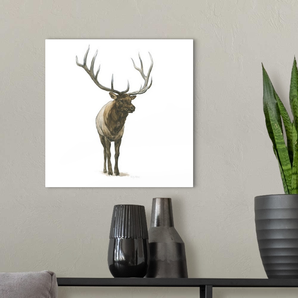 A modern room featuring Square painting of an elk with large antlers on a solid white background.