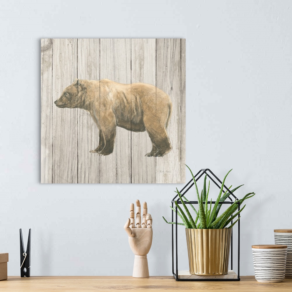 A bohemian room featuring Square painting of a brown bear on a distressed white and gray wooden panel background.