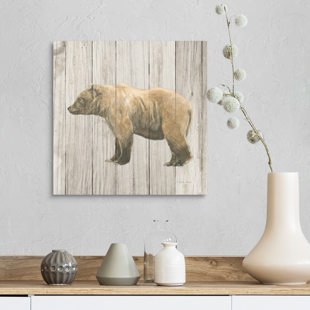 A farmhouse room featuring Square painting of a brown bear on a distressed white and gray wooden panel background.