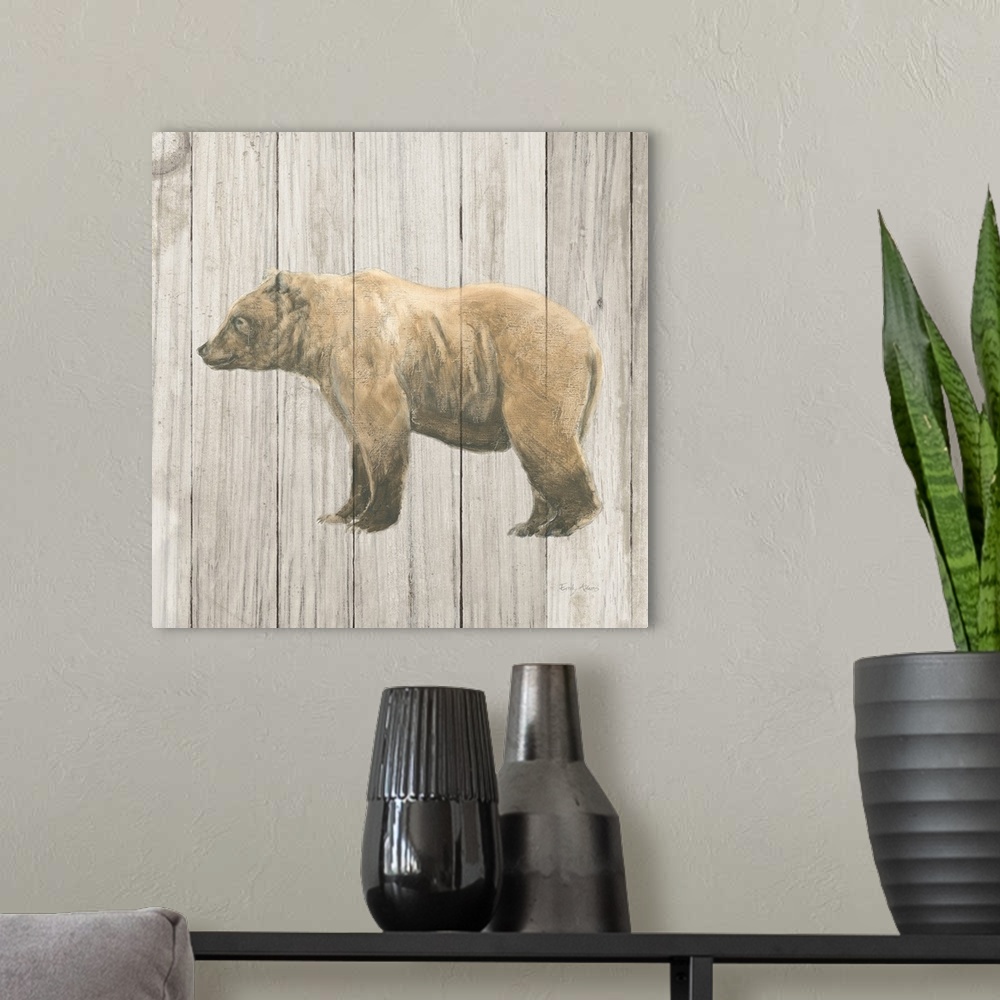 A modern room featuring Square painting of a brown bear on a distressed white and gray wooden panel background.