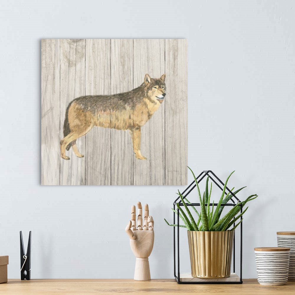 A bohemian room featuring Square painting of a wolf on a distressed white and gray wooden panel background.
