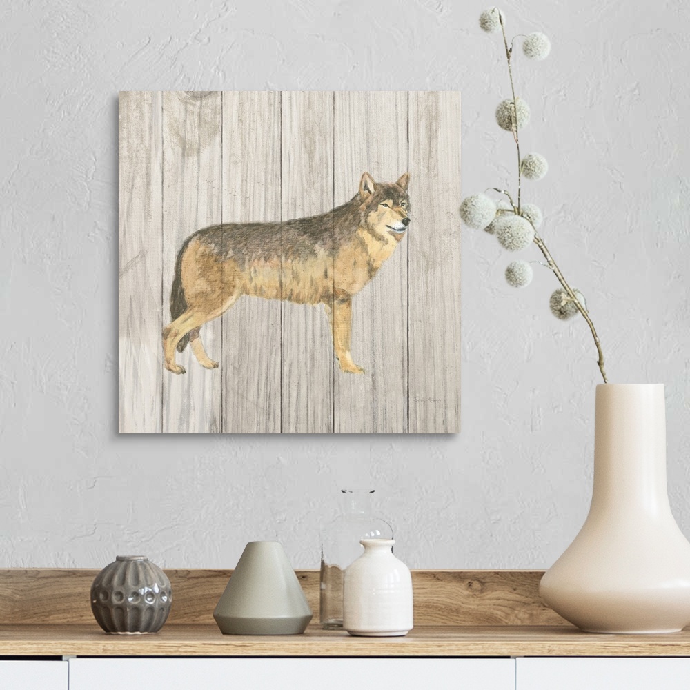 A farmhouse room featuring Square painting of a wolf on a distressed white and gray wooden panel background.