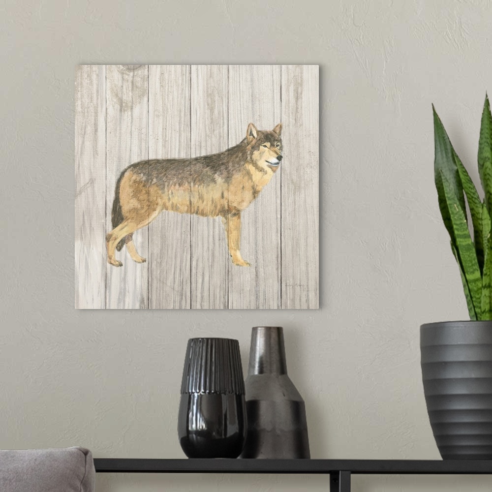 A modern room featuring Square painting of a wolf on a distressed white and gray wooden panel background.