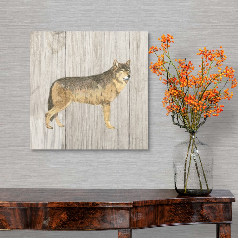 A traditional room featuring Square painting of a wolf on a distressed white and gray wooden panel background.