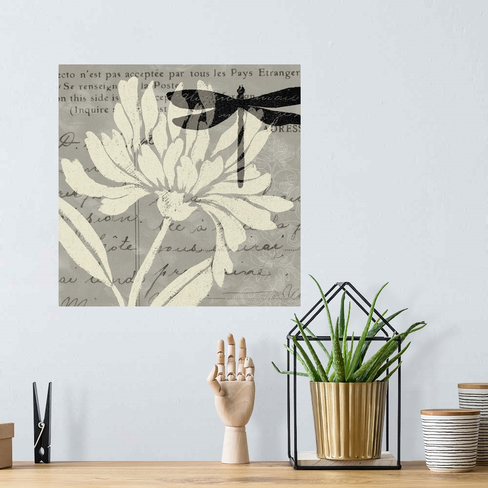 A bohemian room featuring Giant, square home art docor of a large, solid color flower, and a dark, semi-transparent dragonf...