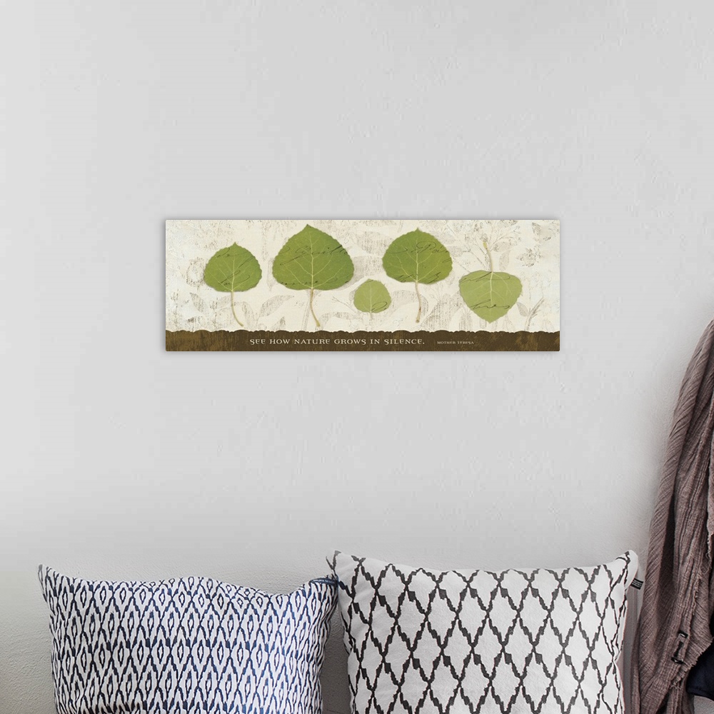 A bohemian room featuring This panoramic shaped collage features leaves over a lightly textured background with hand writte...