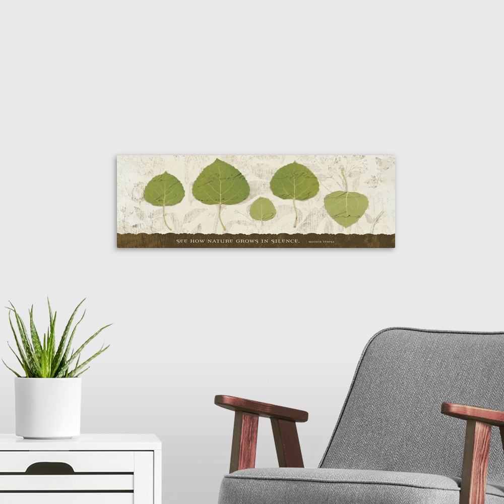 A modern room featuring This panoramic shaped collage features leaves over a lightly textured background with hand writte...