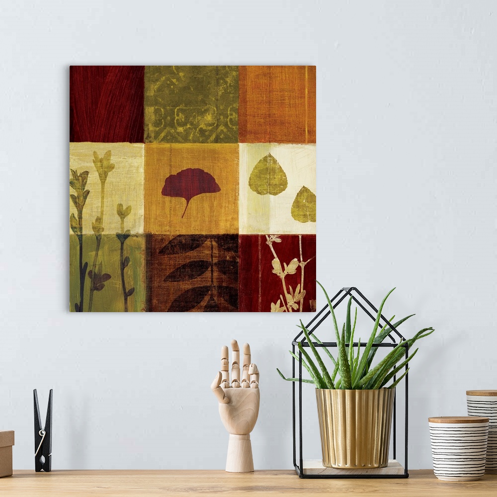 A bohemian room featuring Artwork of nine square tiles arranged in a 3x3 grid.  Each square has a different type of leaf va...