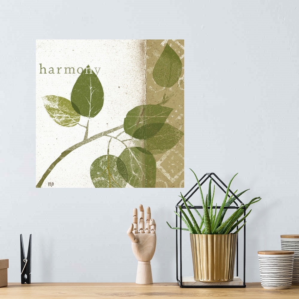 A bohemian room featuring Contemporary artwork with eroded branch and leaf silhouettes with the text "harmony" overlain.