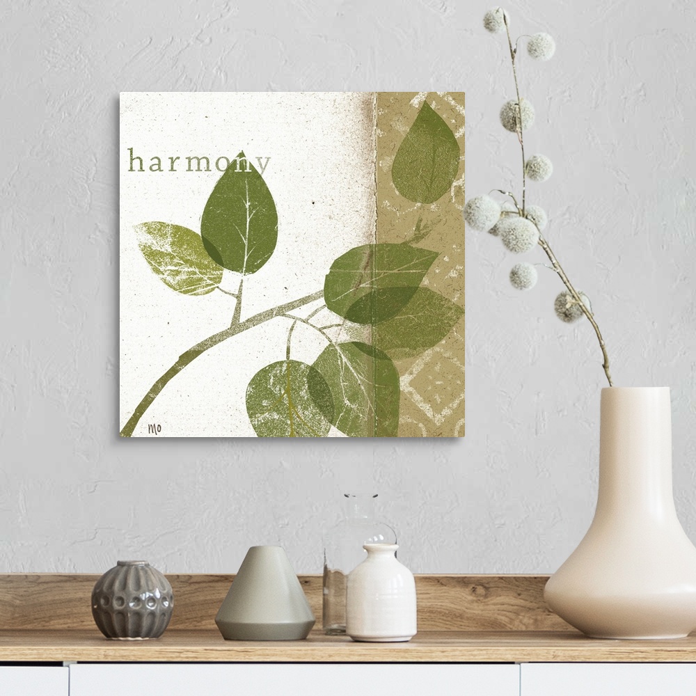 A farmhouse room featuring Contemporary artwork with eroded branch and leaf silhouettes with the text "harmony" overlain.
