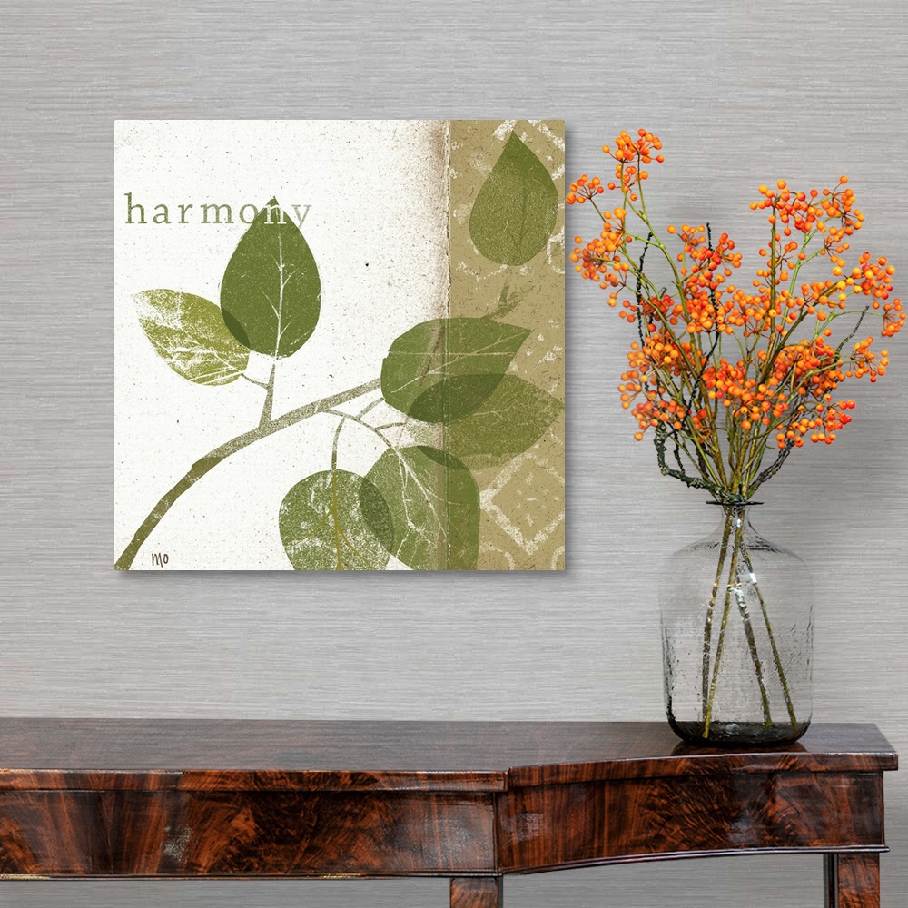 A traditional room featuring Contemporary artwork with eroded branch and leaf silhouettes with the text "harmony" overlain.