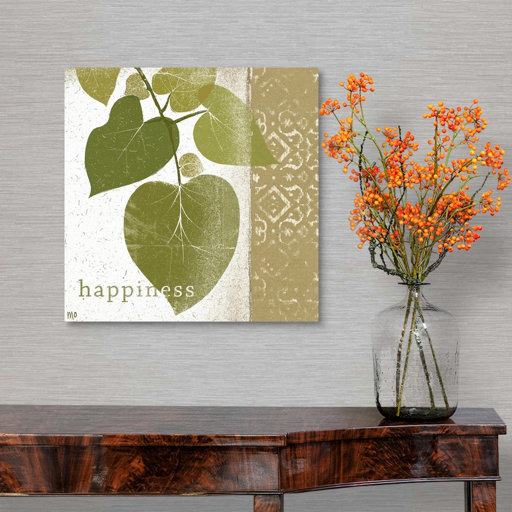 A traditional room featuring Photo of a branch of leaves and a design with the word happiness at the bottom.