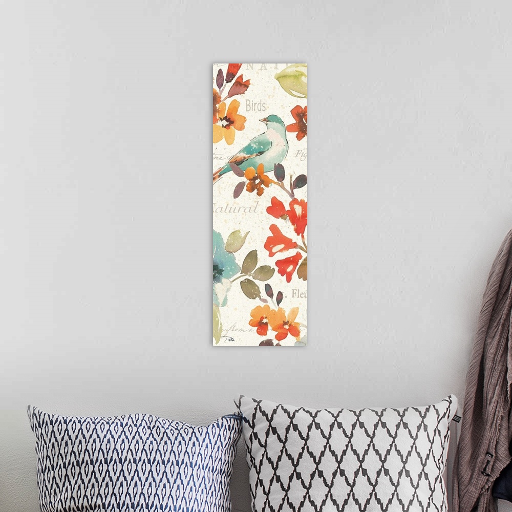 A bohemian room featuring Contemporary watercolor artwork of flowers and a bird, against a beige background with text.