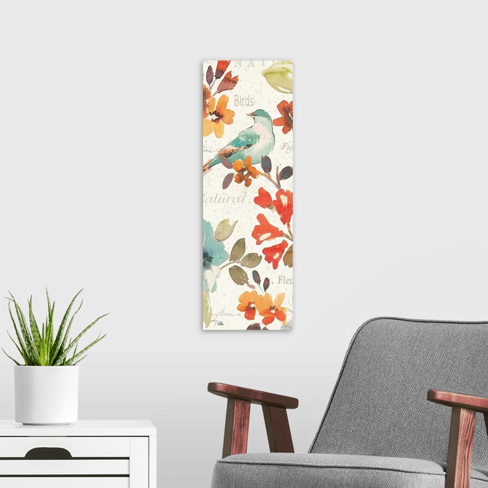 A modern room featuring Contemporary watercolor artwork of flowers and a bird, against a beige background with text.