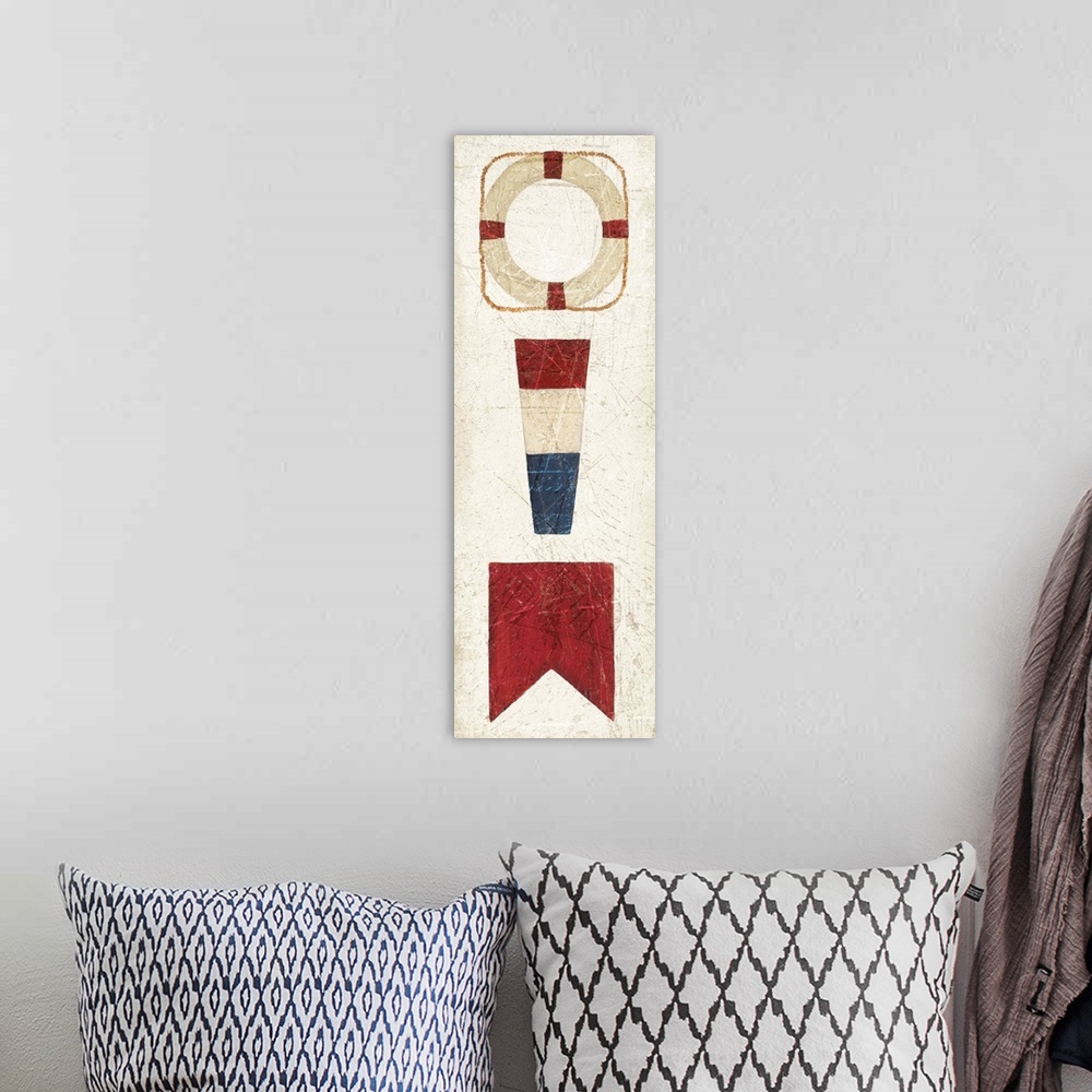 A bohemian room featuring Vertical painting of three nautical elements, including two flags and a lifesaver.