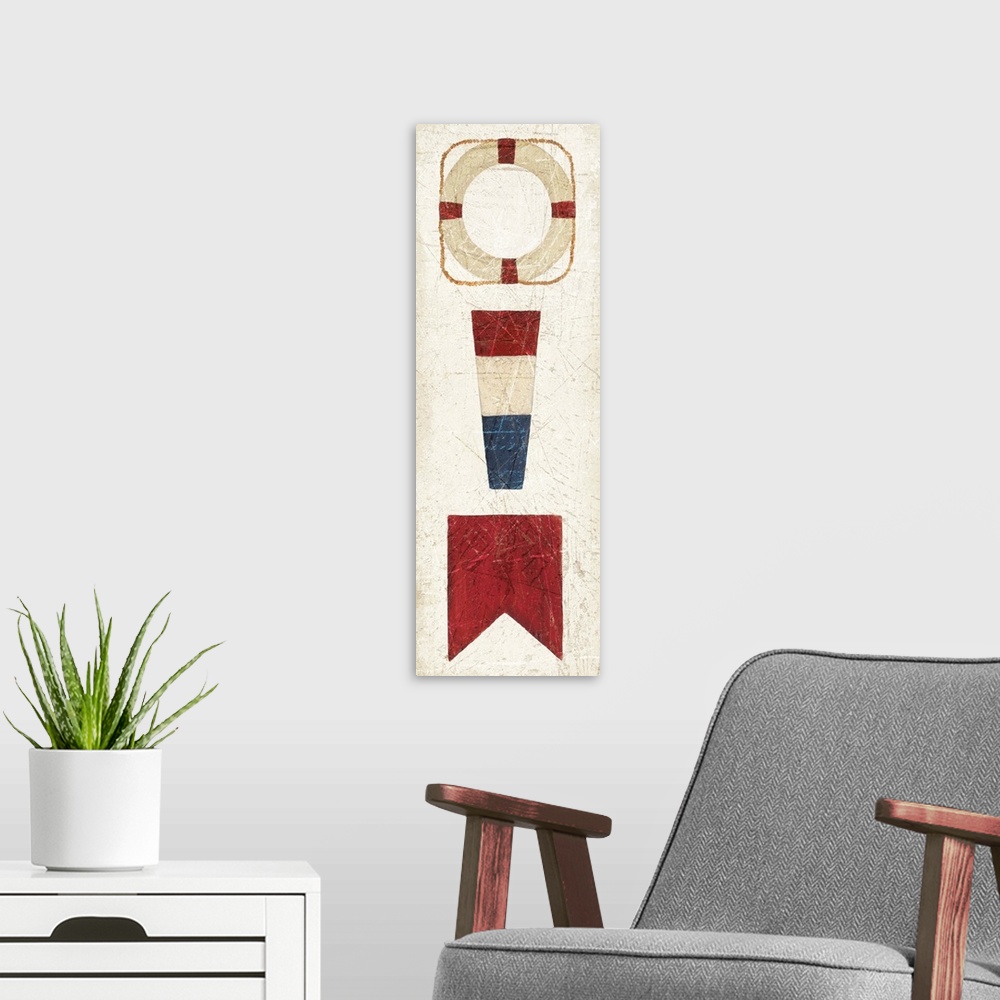 A modern room featuring Vertical painting of three nautical elements, including two flags and a lifesaver.