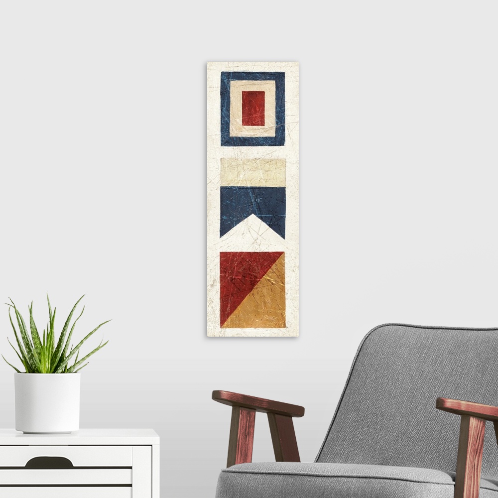 A modern room featuring Vertical painting of three nautical flags.