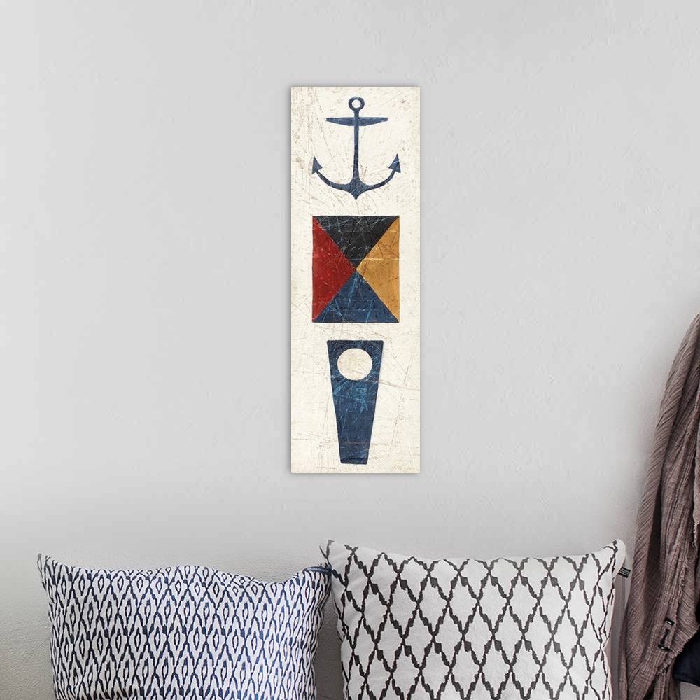 A bohemian room featuring Vertical painting of three nautical elements, including two flags and an anchor.