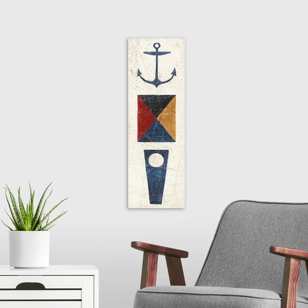 A modern room featuring Vertical painting of three nautical elements, including two flags and an anchor.