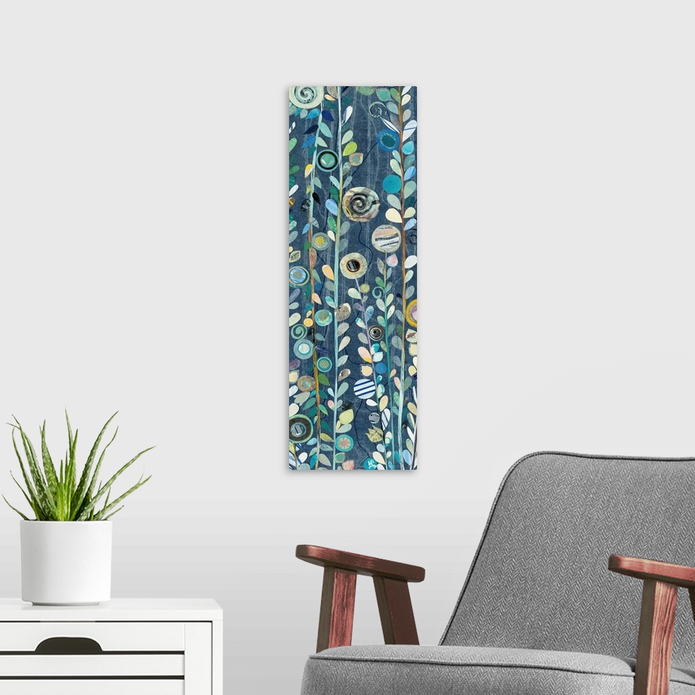A modern room featuring Contemporary painting of long stems of leafy flowers against a navy blue background.