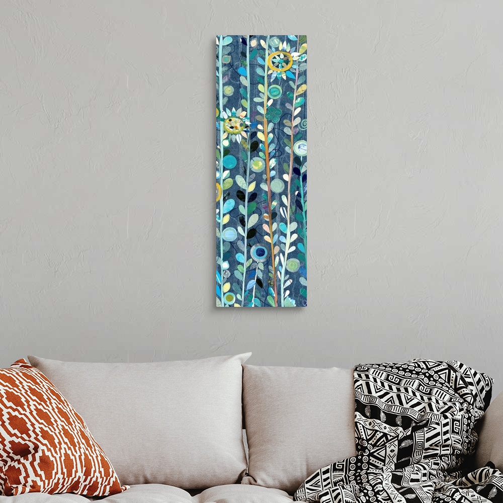 A bohemian room featuring Contemporary painting of long stems of leafy flowers against a navy blue background.