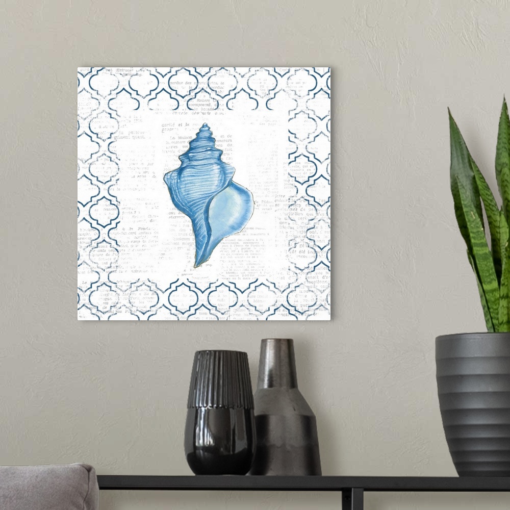 A modern room featuring Contemporary home decor artwork of a blue sea shell against a blue and white patterned background.