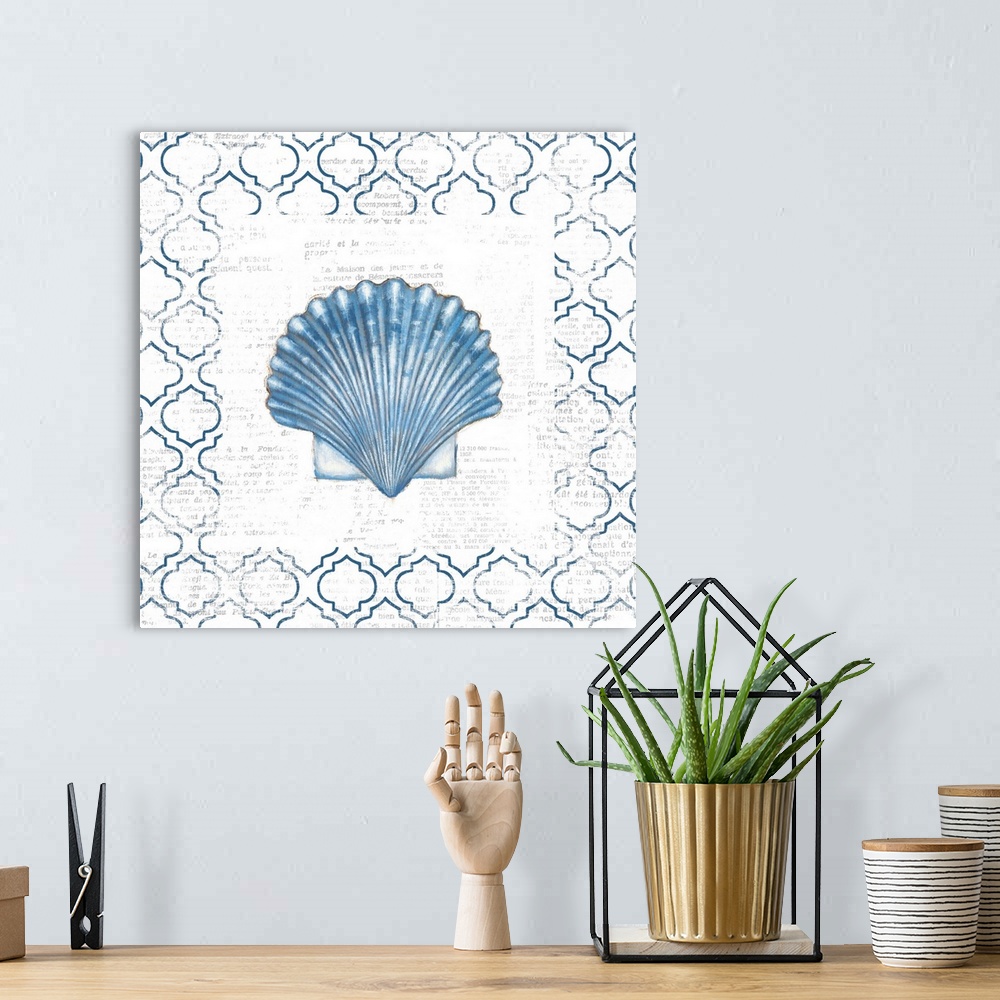 A bohemian room featuring Contemporary home decor artwork of a blue sea shell against a blue and white patterned background.