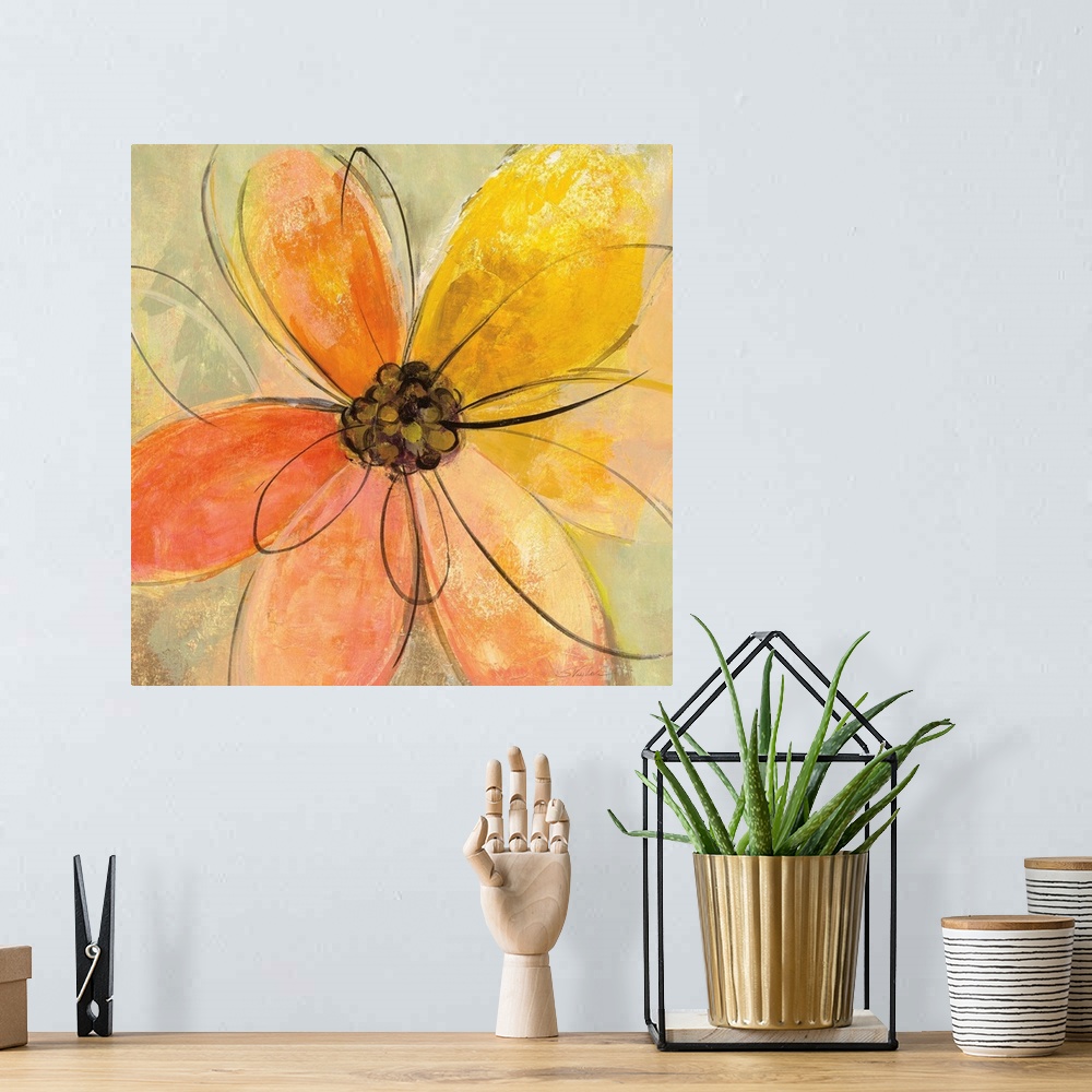 A bohemian room featuring Square painting of a big yellow and pink flower with black outlined petals on a neutral green and...