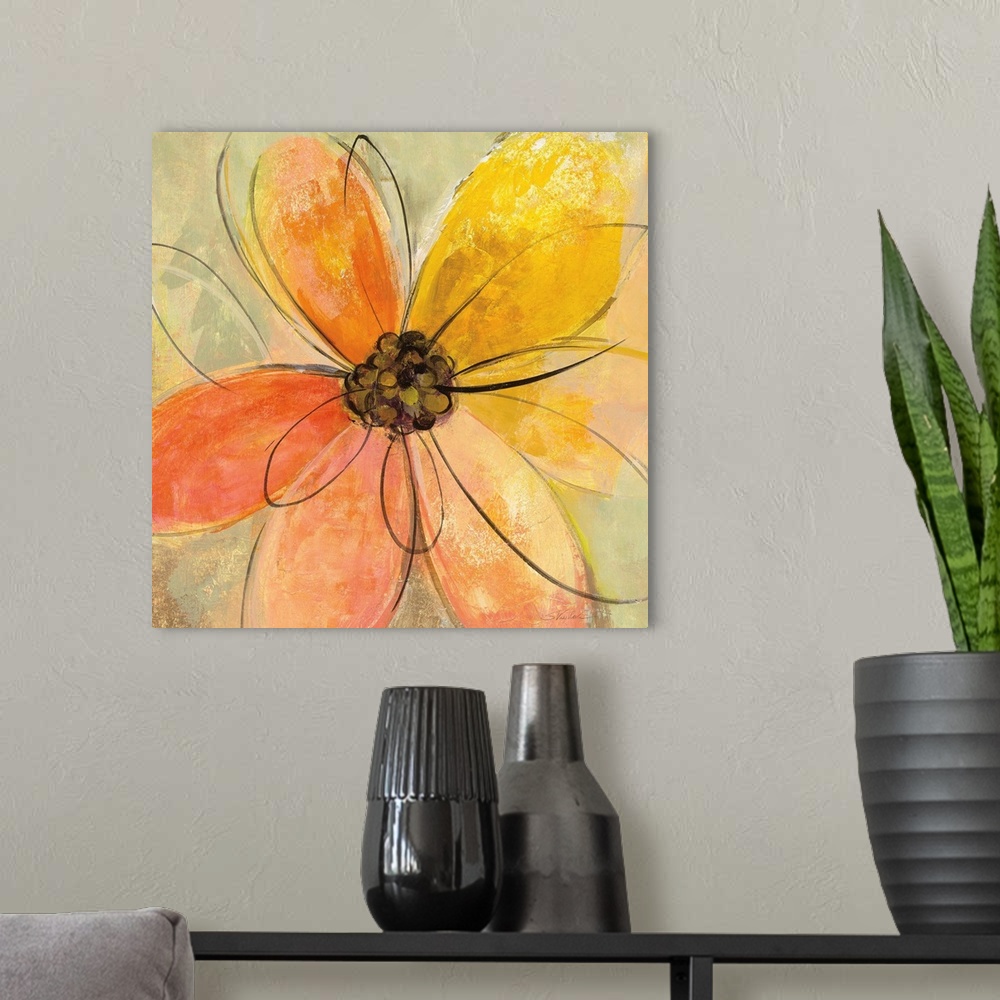 A modern room featuring Square painting of a big yellow and pink flower with black outlined petals on a neutral green and...