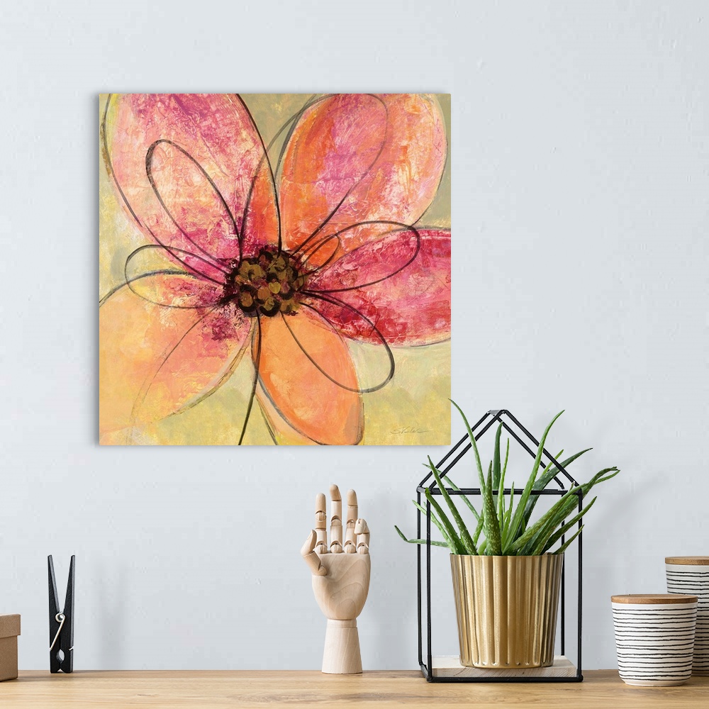 A bohemian room featuring Square painting of a big pink and orange flower with black outlined petals on a neutral green and...