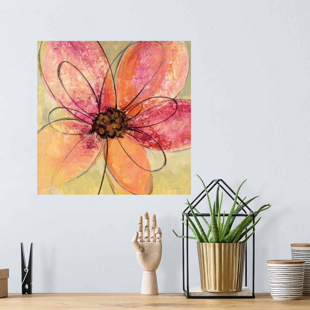 A bohemian room featuring Square painting of a big pink and orange flower with black outlined petals on a neutral green and...