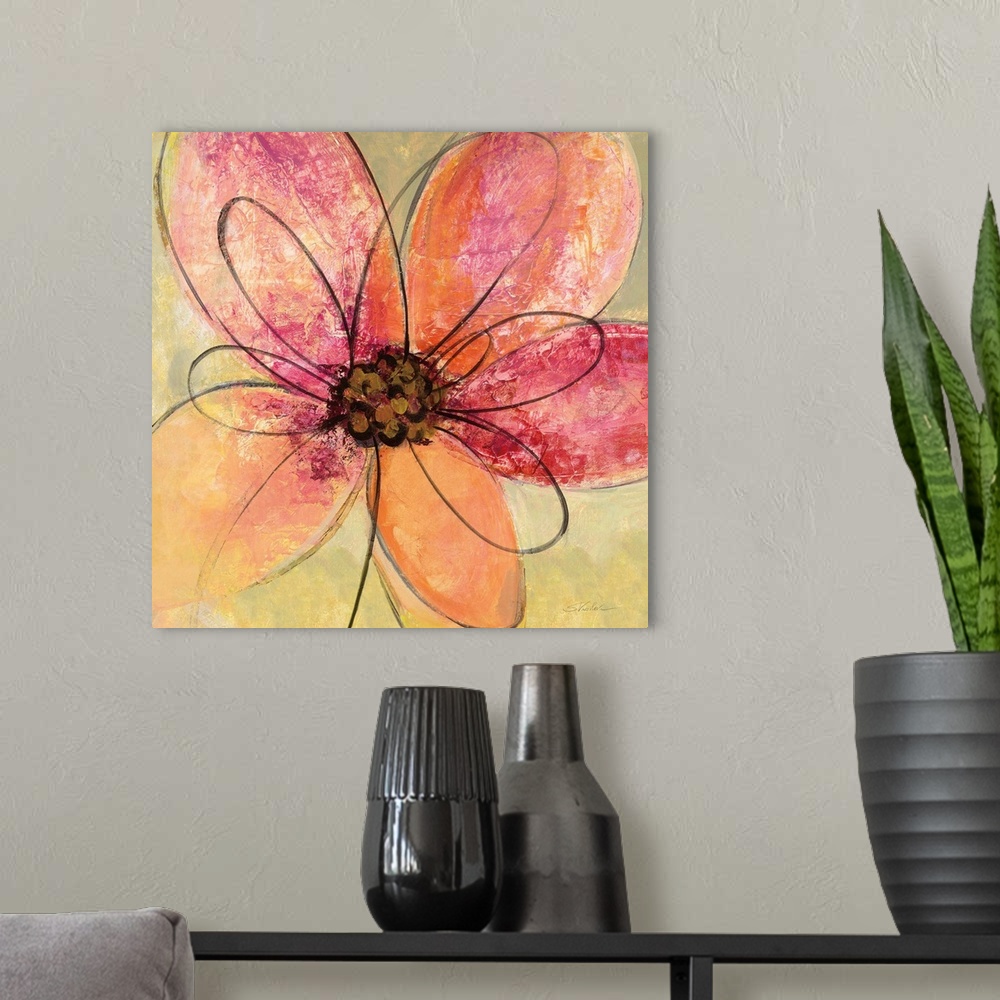 A modern room featuring Square painting of a big pink and orange flower with black outlined petals on a neutral green and...
