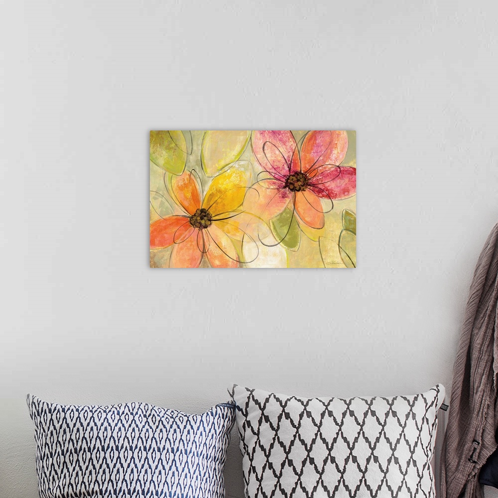 A bohemian room featuring Abstract painting of pink, orange, and yellow flowers with black loopy outlines.