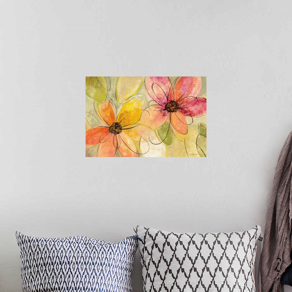 A bohemian room featuring Abstract painting of pink, orange, and yellow flowers with black loopy outlines.