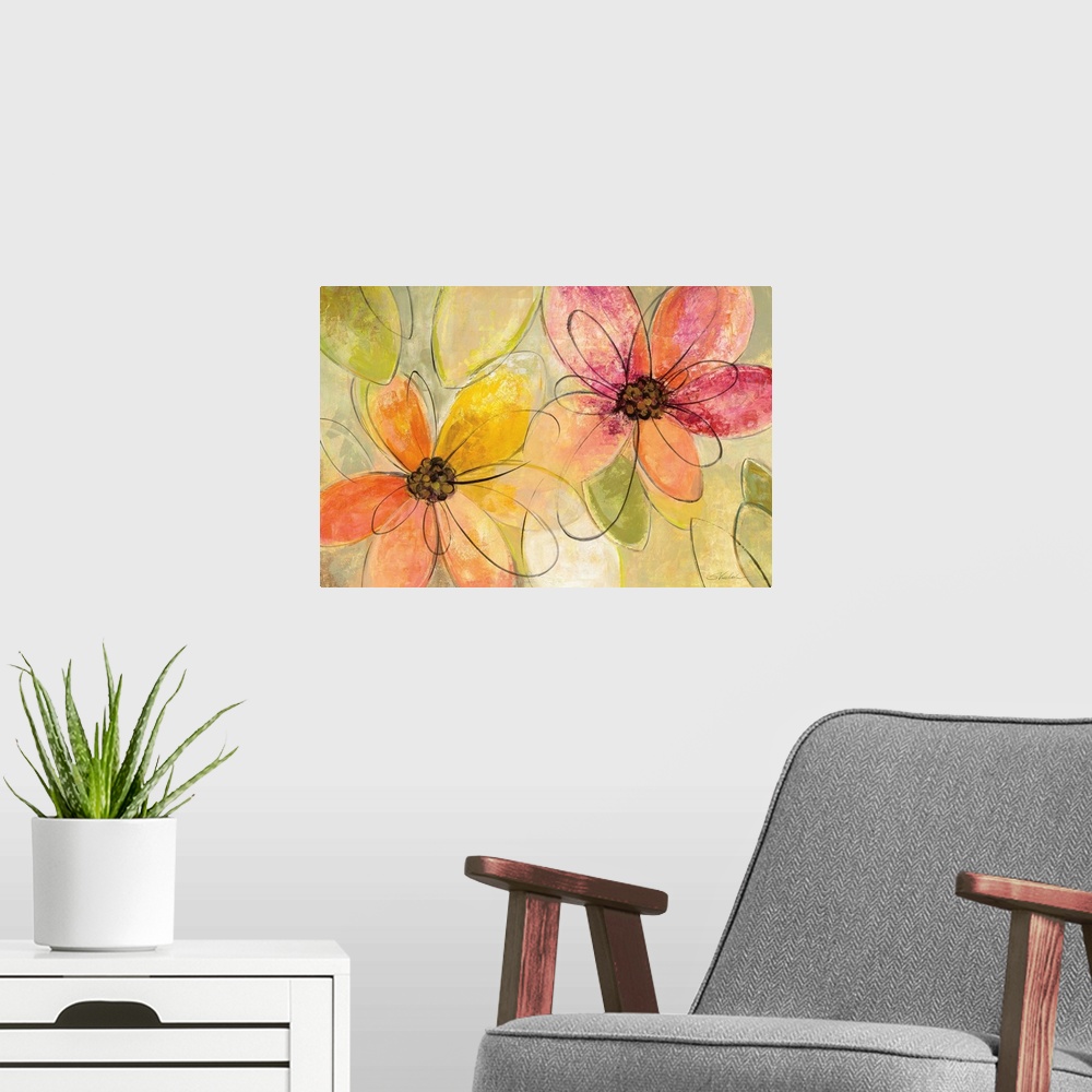 A modern room featuring Abstract painting of pink, orange, and yellow flowers with black loopy outlines.