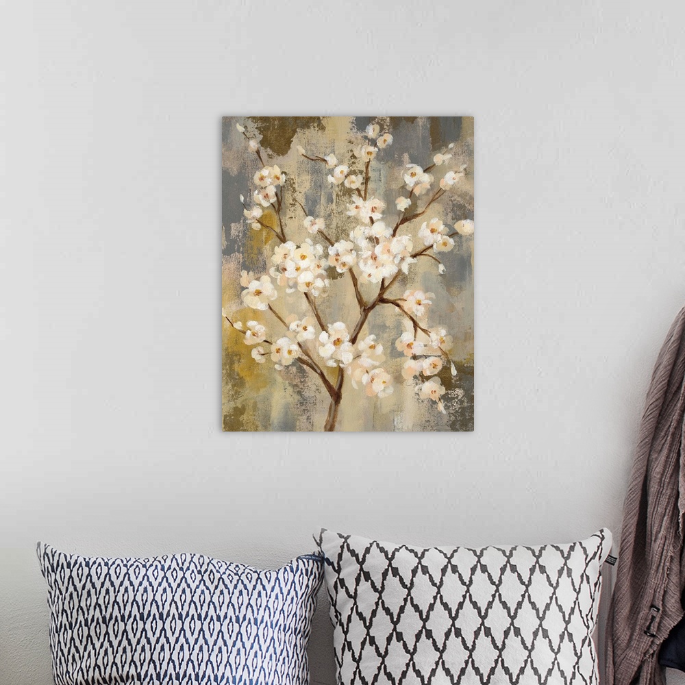 A bohemian room featuring Contemporary painting of blossoming branches in neutral tones.