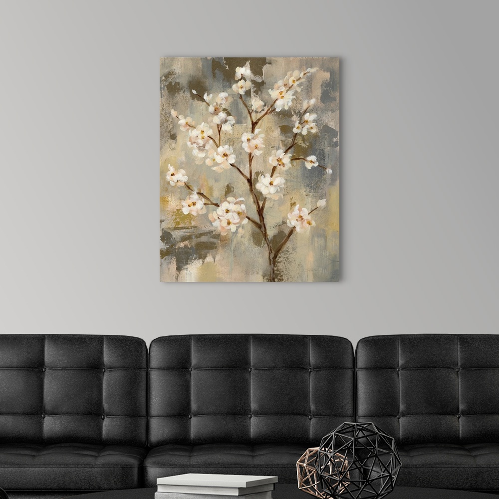 A modern room featuring Contemporary painting of blossoming branches in neutral tones.