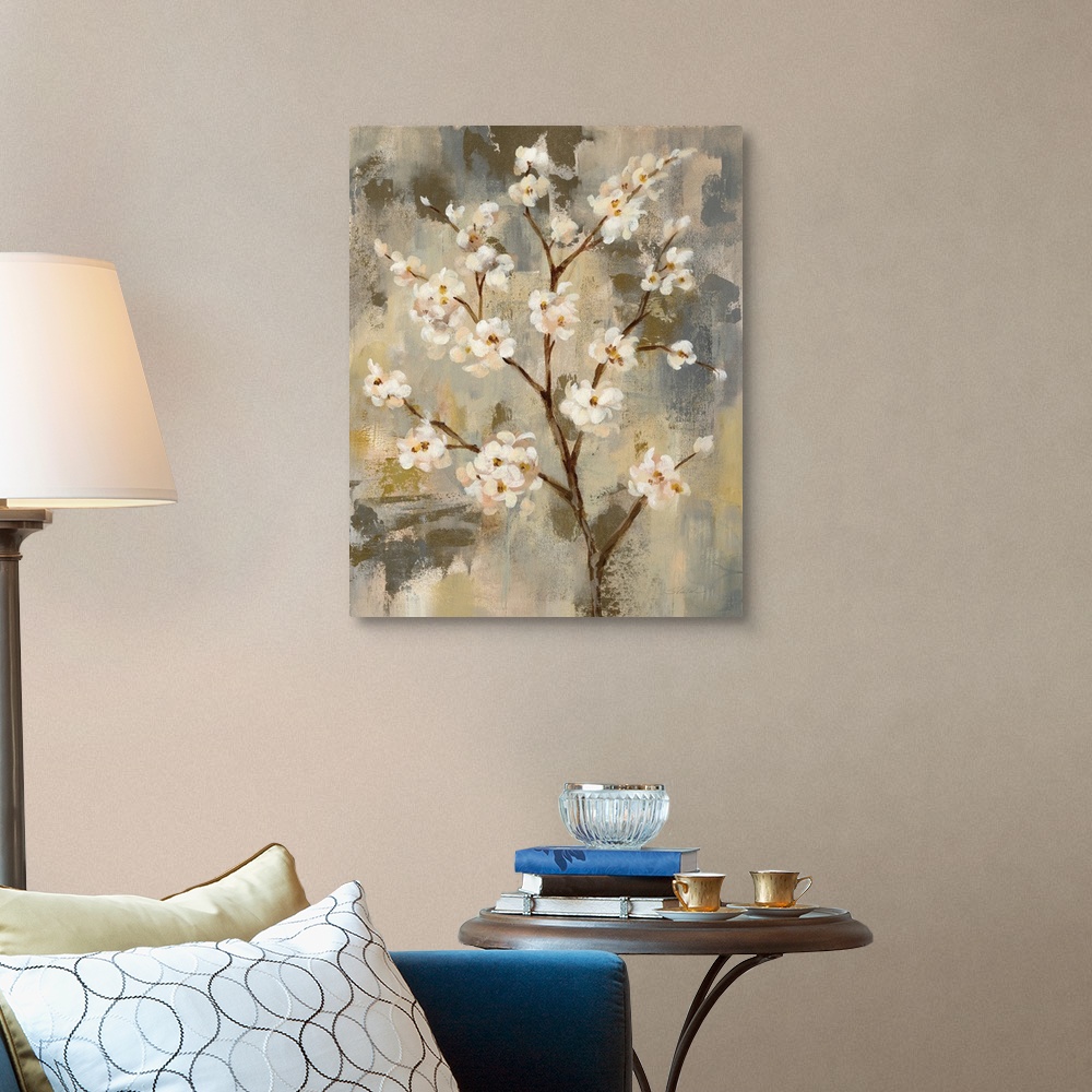 A traditional room featuring Contemporary painting of blossoming branches in neutral tones.