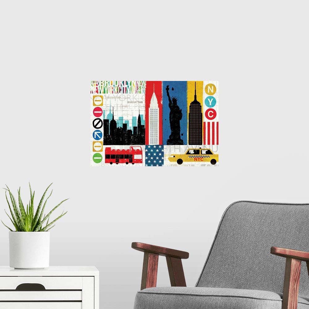 A modern room featuring Big, horizontal wall hanging of brightly colored images, sectioned by rectangles, representing Ne...