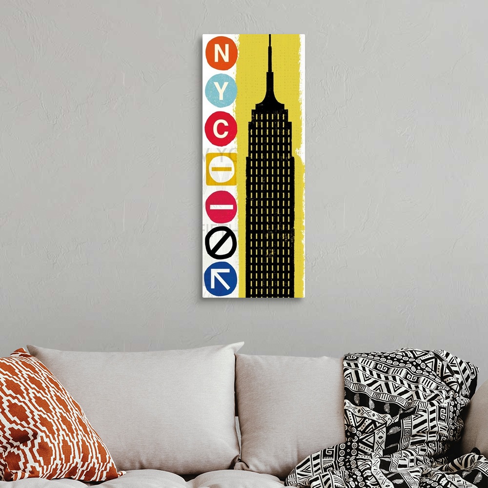 A bohemian room featuring Digital illustration of the Empire State Building with "NYC" on the side made out of subway icons.