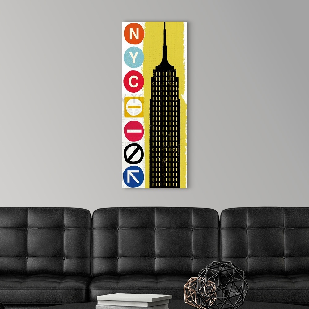 A modern room featuring Digital illustration of the Empire State Building with "NYC" on the side made out of subway icons.