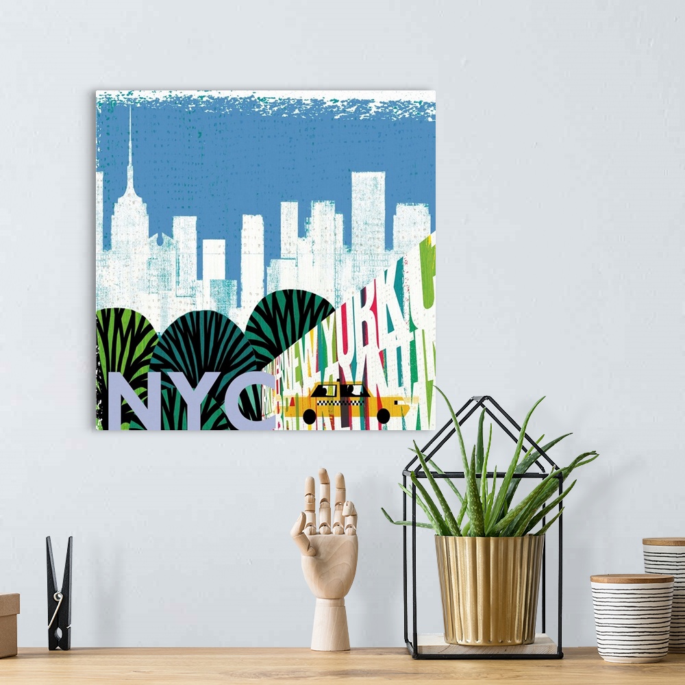 A bohemian room featuring Graphic art with the New York City skyline in the background and colorful illustrations in the fo...